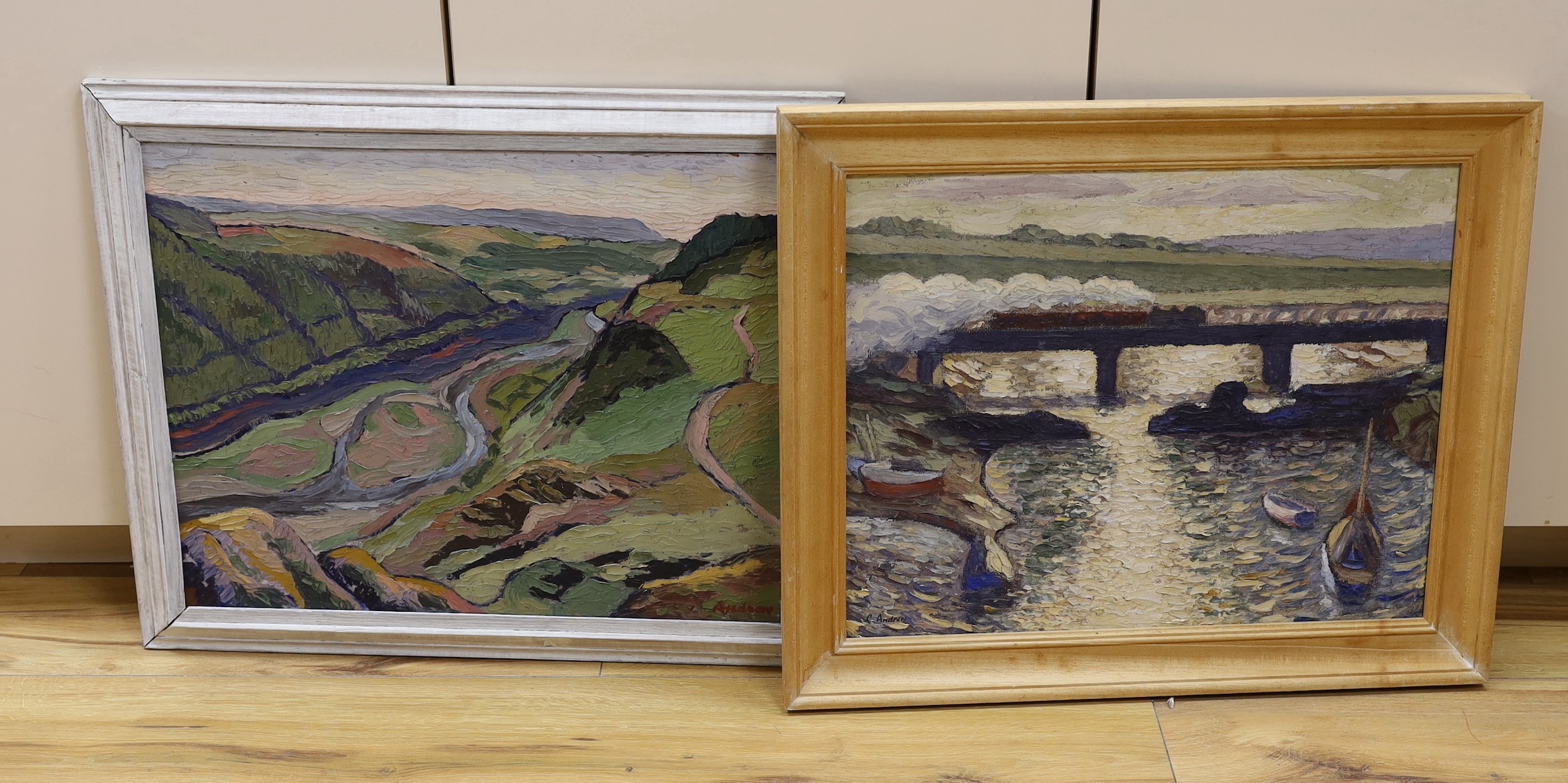 Charles Andrew, two oils on board, 'The Ystwyth Valley' and 'Train on a viaduct', both signed, 40 x 50cm, frames differ